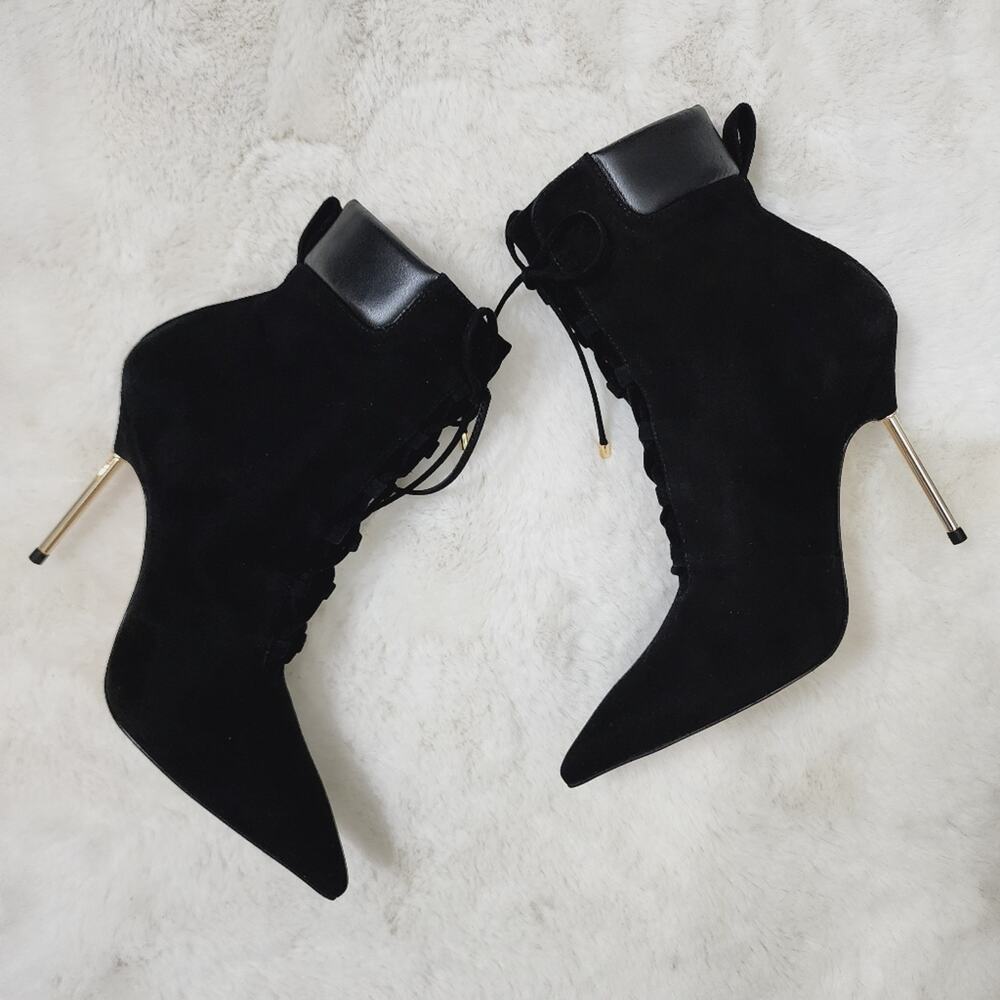Good American Scandal Black Suede Booties 8.5 Gold Stiletto Heel Lace Up NEW